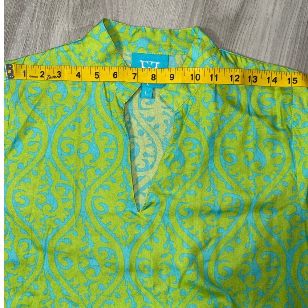 Escapada Womens Tunic Top L Lime Green Turquoise Blue Damask 3/4 Sleeve V-Neck - Picture 8 of 11
